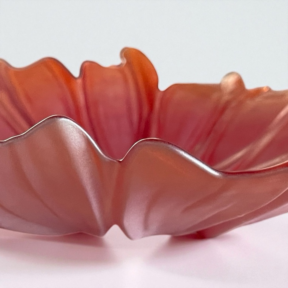 Vtg Iridescent Pink Gold Daisy Flower Frosted Bowl 15" Murano Style Art Glass - Picture 4 of 9